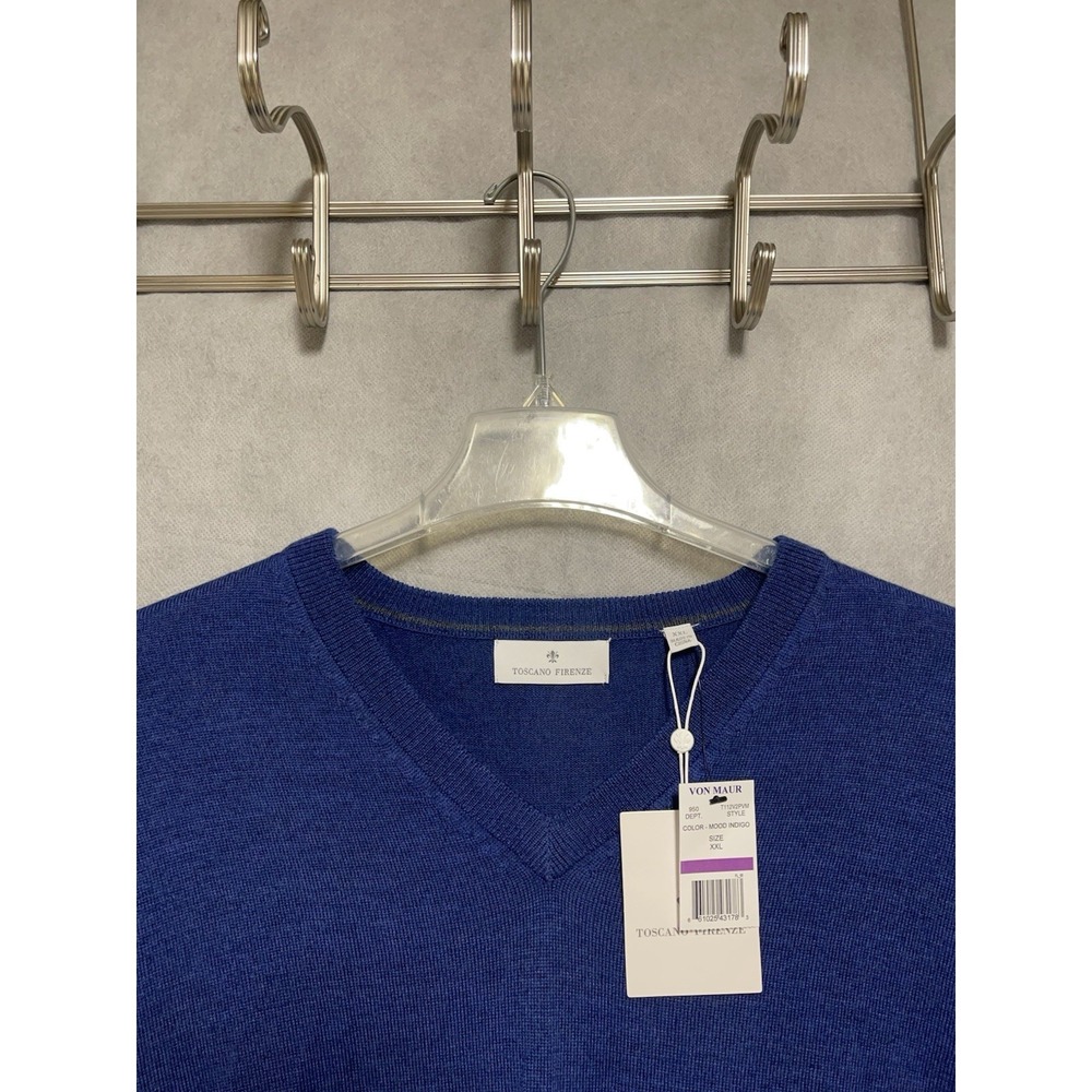 NWT Toscano Firenze Sweater Men XXL Blue Merino Wool V Neck Knit Preppy Academia